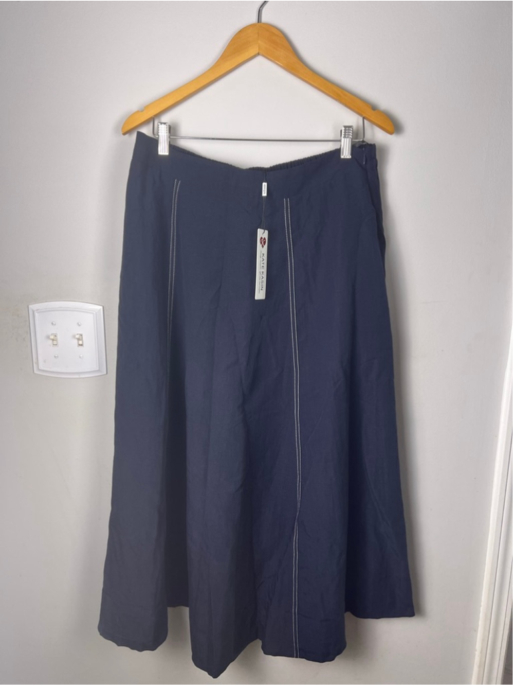 Kate Kasin Navy A-Line Midi Skirt XL Elastic Waist Contrast Stitch Lightweight N